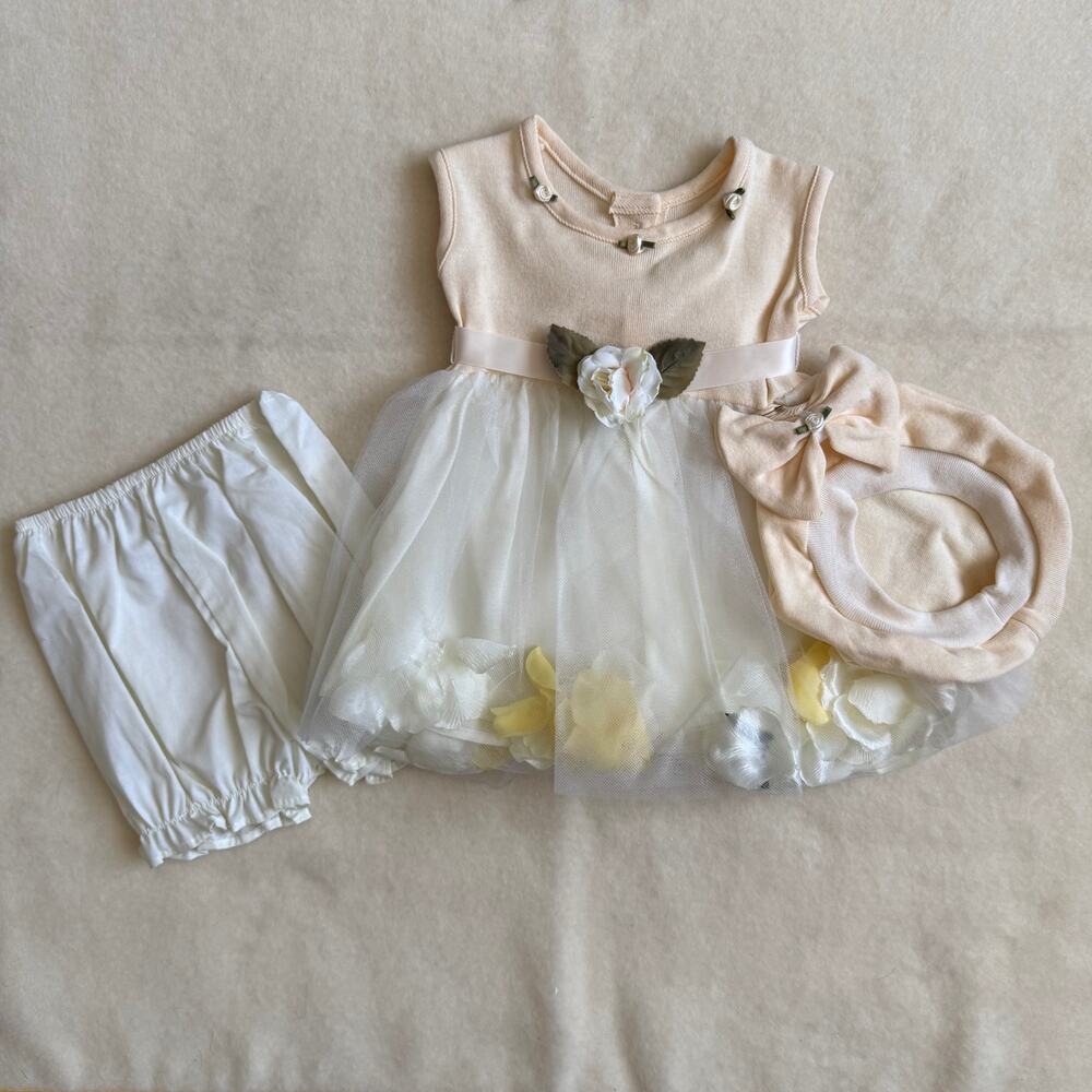 Vintage 90's 3-Piece Bloomers Set Girls 6M Flowers White Cream Orange Bows Hat